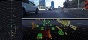 Abb. 7: Reales Verkehrsgeschehen und Umsetzung in eine 3D Darstellung des Innoviz LiDAR-Systems