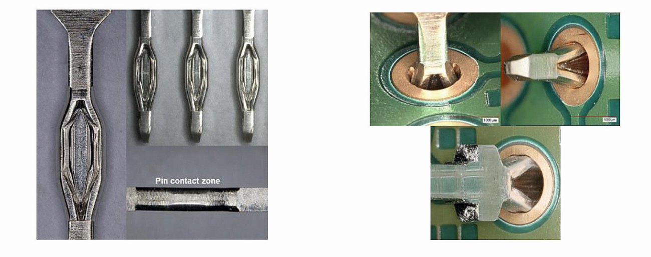 Figure 6: Image of a typical Press-fit pins coated with nickel and AgSn20: a) different view; b) after insertion in Cu-OSP-PTH