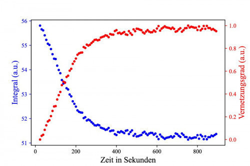 Abb. 3: Integralkurve für definierte Wellenzahlbereiche (blau) und daraus normierte Vernetzungskurve (rot)