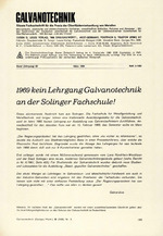 1969 kein Lehrgang Galvanotechnik an der Solinger Fachschule!