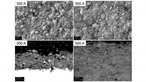 Abb. 2:  REM- Aufnahmen (oben)  und lichtmikroskopische  Querschliffaufnahmen  (unten) von Aluminiumoxid- Spritzschichten bei  verschiedenen Stromstärken  350 A (links), 500 A (rechts) 